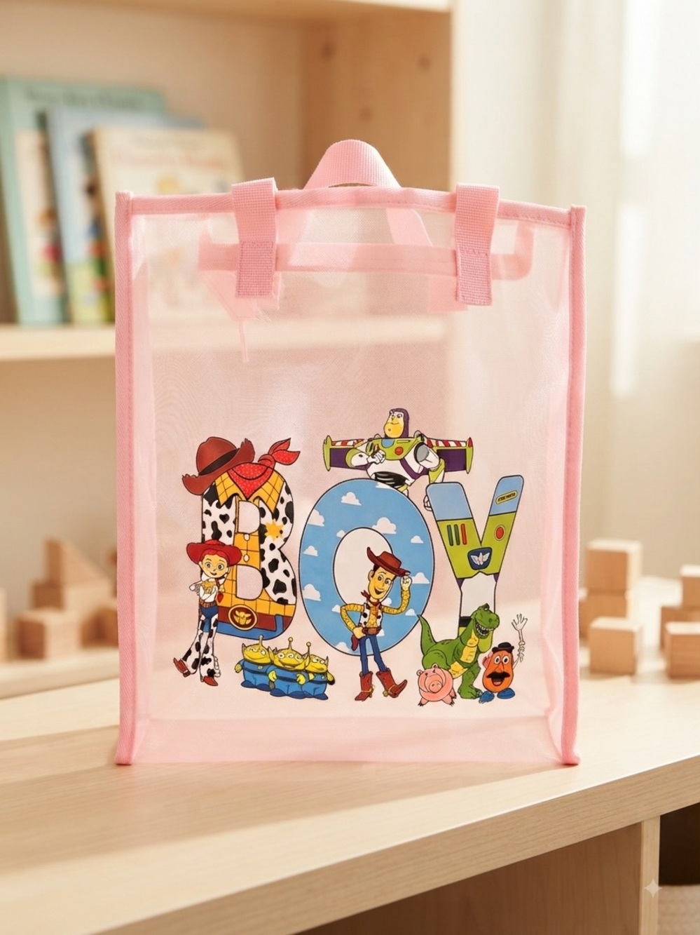 Pink Kids Toy Carry Mesh Bag with Playful Toy Story Characters